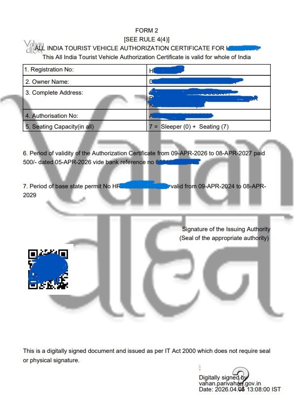 all india tourist permit authorization sample