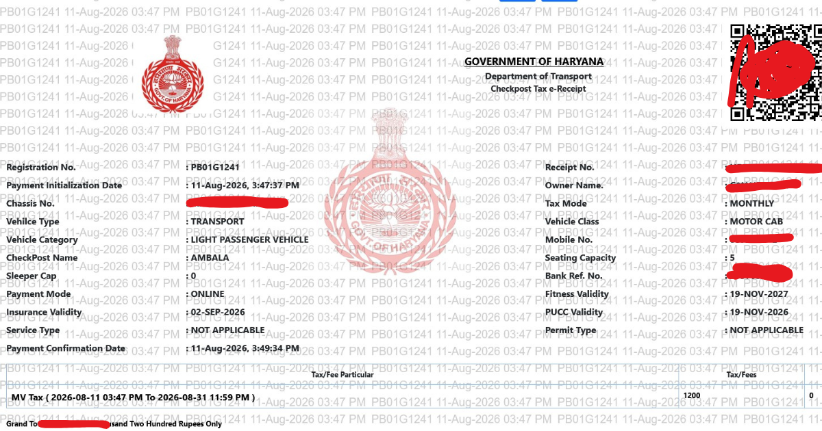 HARYANA BORDER TAX RECEIPT SAMPLE