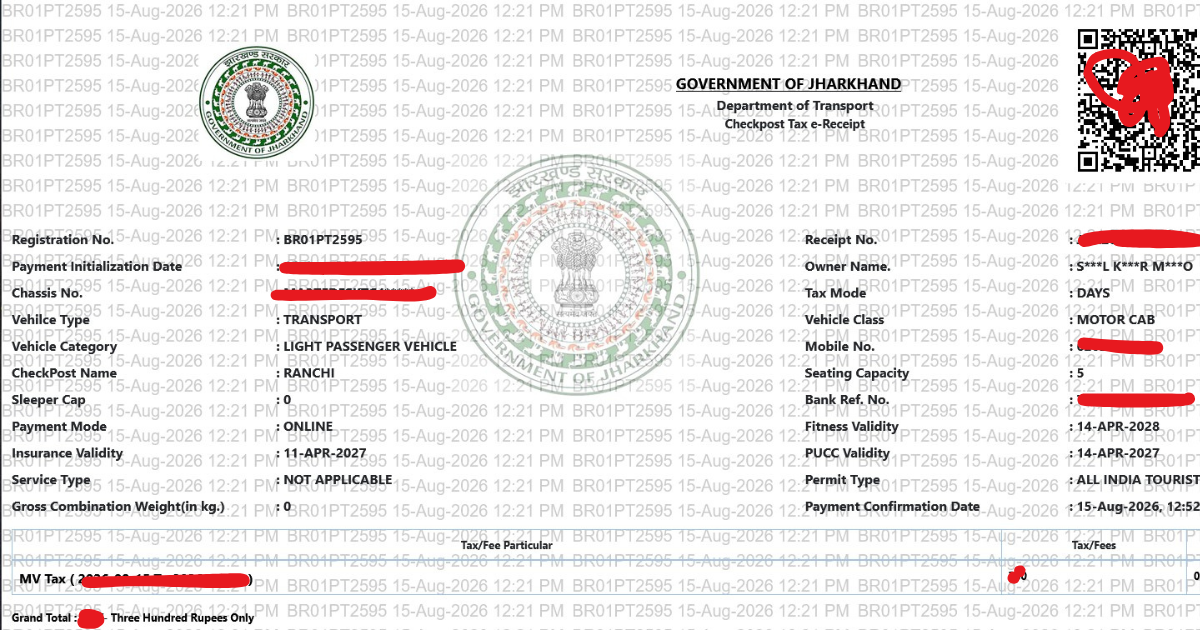 jharkhand rto border tax receipt sample 