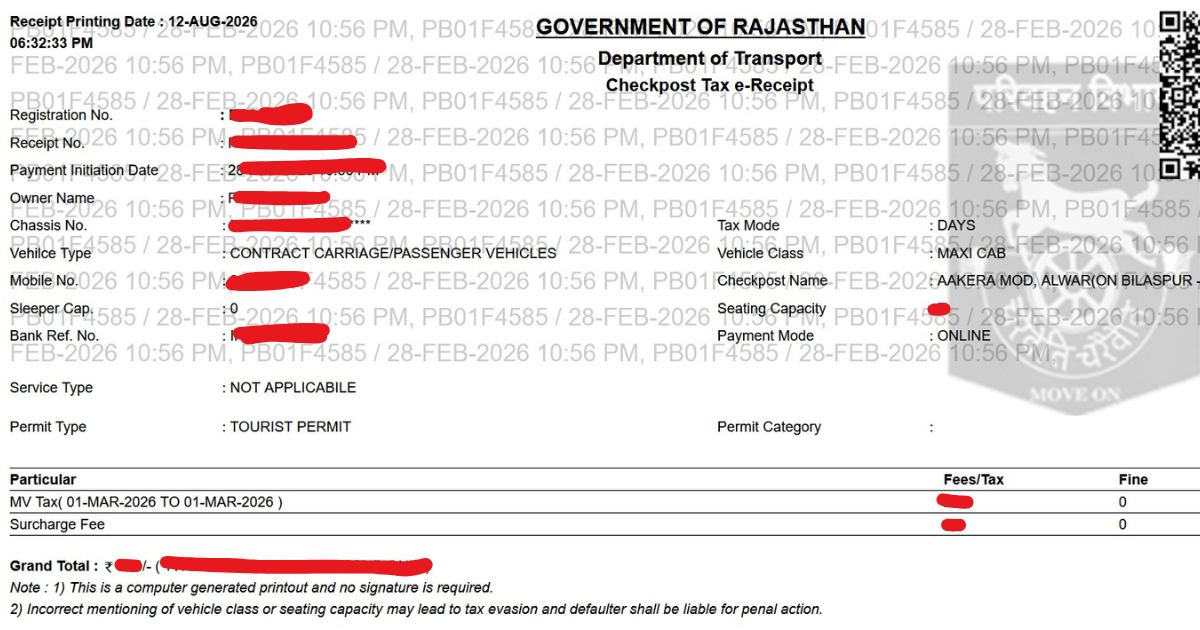 rajasthan border tax receipt sample 