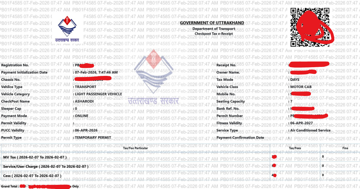 uttrakhand border state vehicle tax receipt sample 